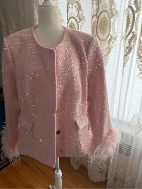 Pink Sequin Feather Trim Women's Jacket